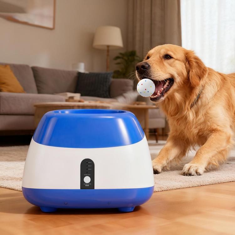 Blue and white automatic dog ball launcher with ball in front of sitting dog indoors