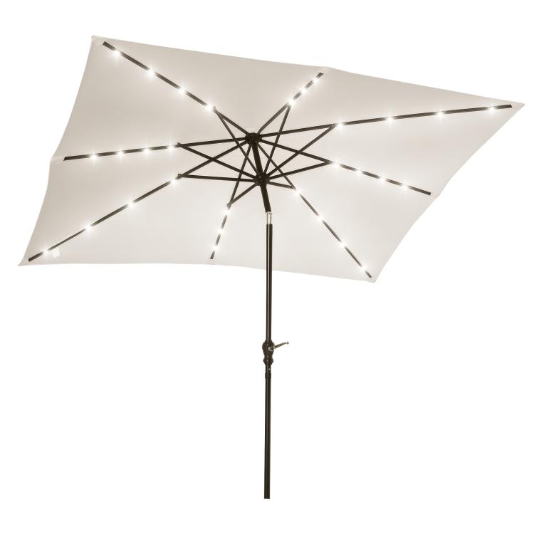 Cream white solar LED patio umbrella with open canopy and star-shaped rib framework.