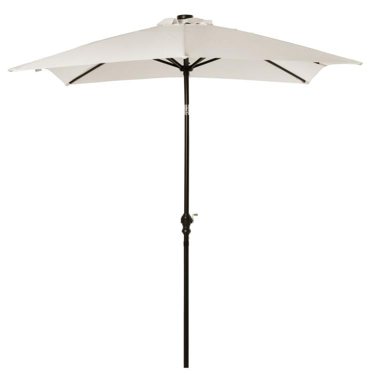 Cream white patio umbrella with solar LED lights along canopy edge and center pole.
