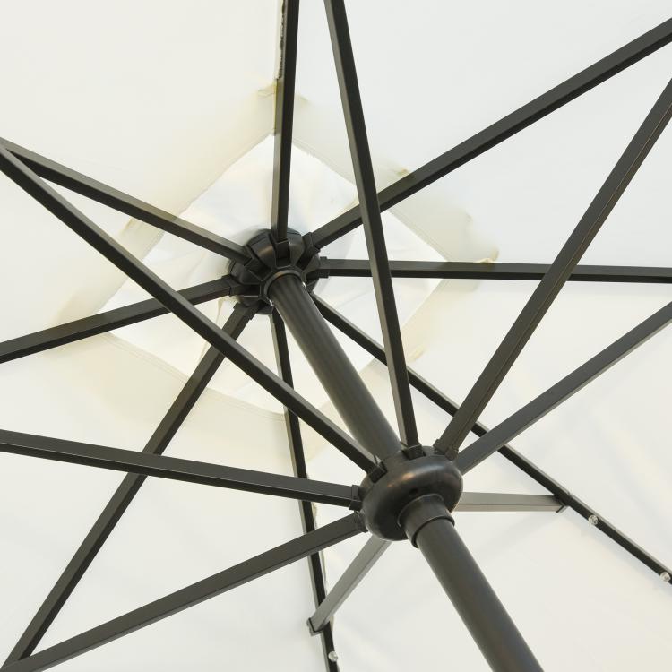 Cream patio solar umbrella canopy with dark frame and central hub, view from below