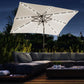 Cream white solar LED patio umbrella with illuminated edge lights and open canopy.