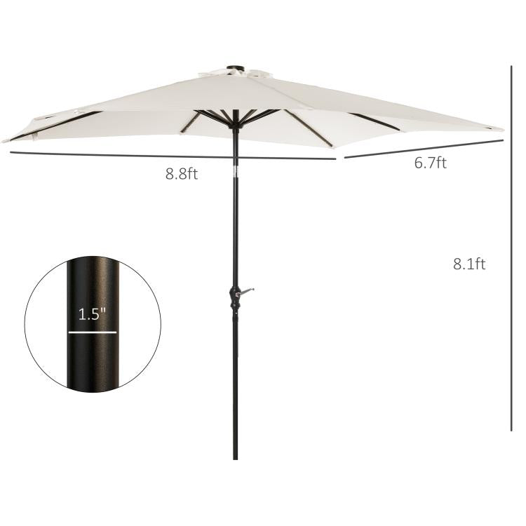 Cream white patio umbrella with labeled size measurements on canopy and pole.