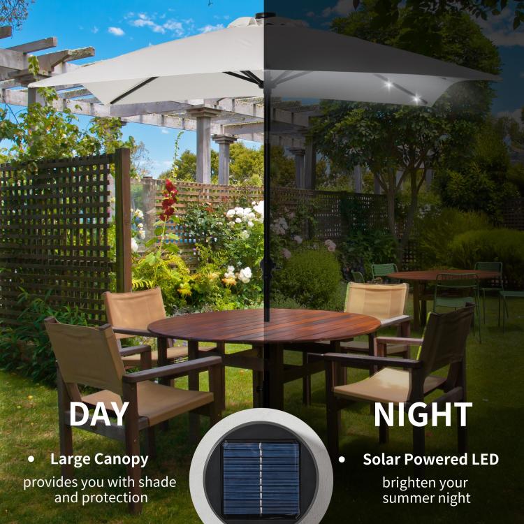 Solar LED patio umbrella over outdoor seating, showing day vs night light glow.