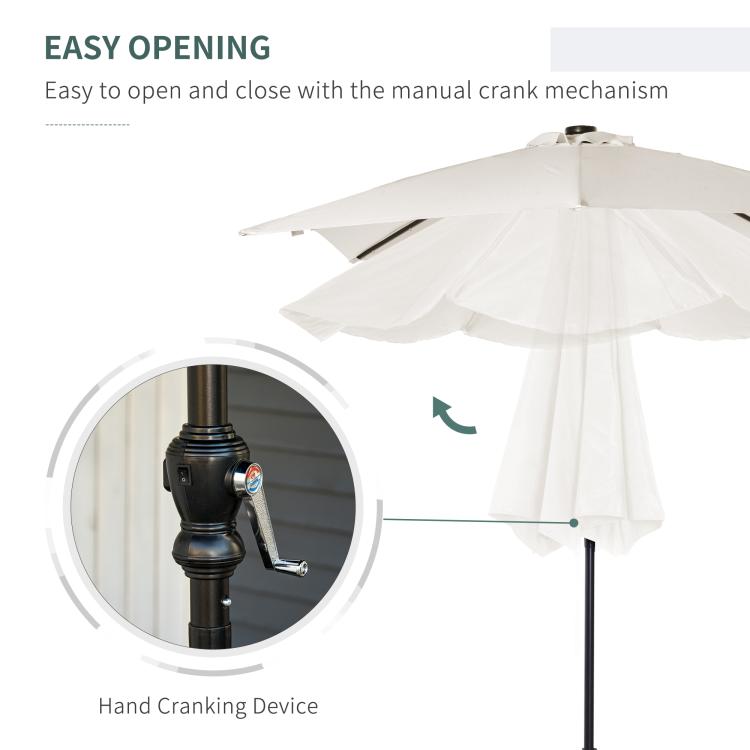 Cream white patio umbrella with hand crank mechanism for easy opening and closing.