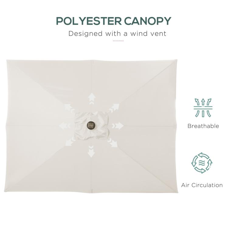 Cream white vented polyester umbrella canopy with breathable air circulation panel.