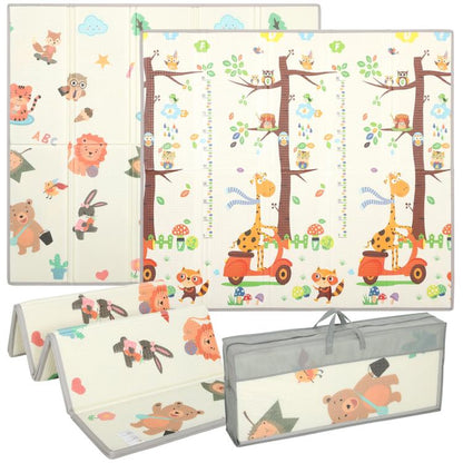 Foldable baby play mat with giraffe and woodland animal cartoon print, reversible panels