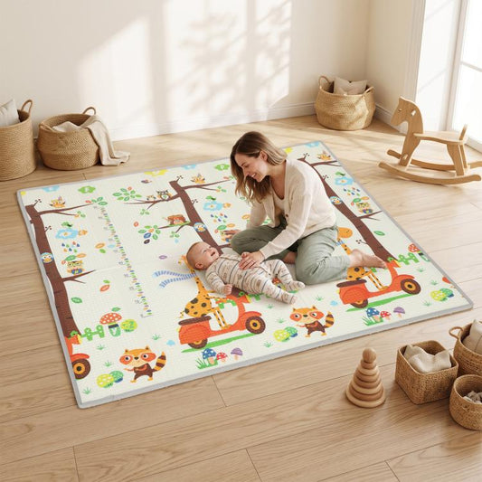 Reversible woodland animal play mat with giraffe, hedgehog, and owl illustrations on floor