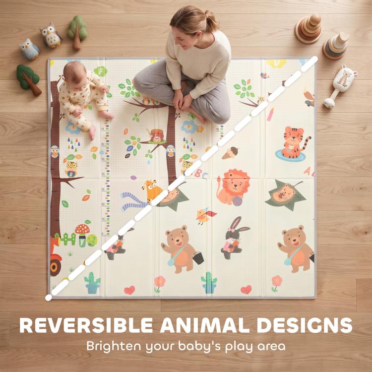 Reversible animal play mat with colorful giraffe and woodland animal illustrations