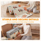 Foldable reversible play mat propped open with animal print panels and gray stitched edge