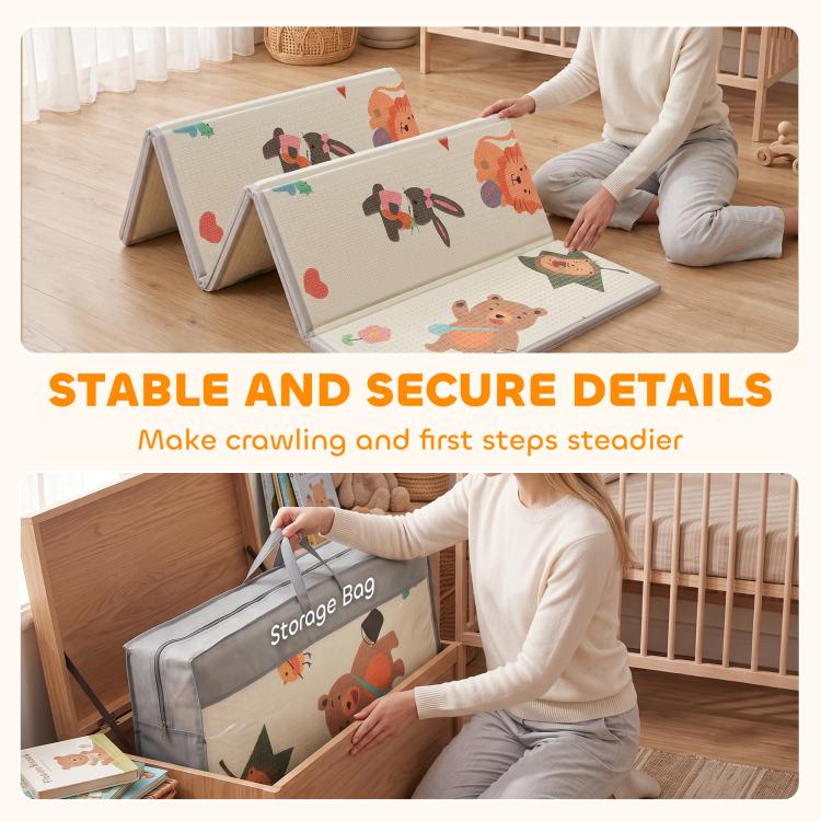 Foldable reversible play mat propped open with animal print panels and gray stitched edge