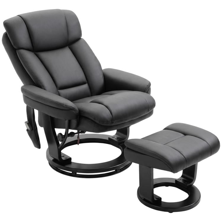 Black PU massage recliner chair with ottoman, padded armrests, and rounded swivel base