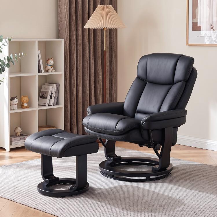 Black PU massage recliner chair with matching ottoman and swivel base