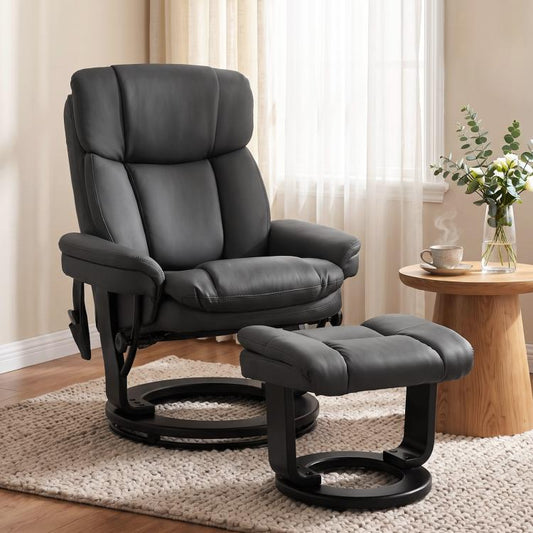 Black PU massage recliner chair with ottoman showing tall back and cushioned seat