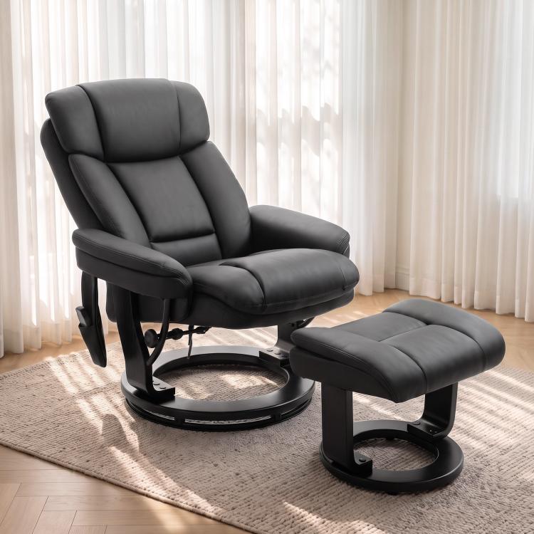 Black PU massage recliner chair with ottoman, reclining backrest and wide armrests