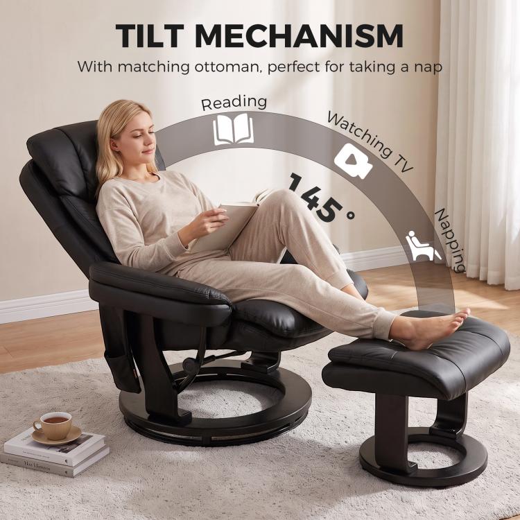 Black PU massage recliner chair with matching ottoman and tilting backrest