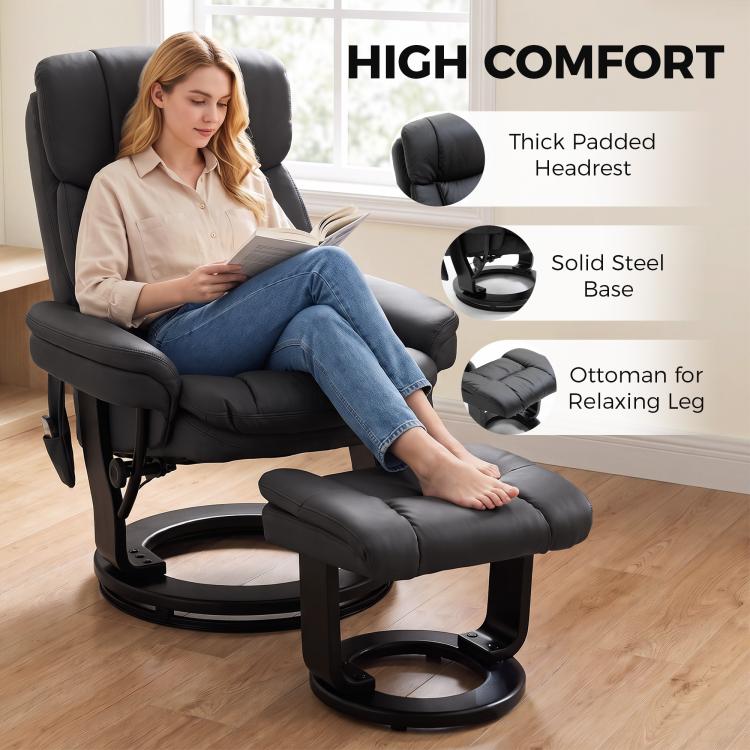 Black PU massage recliner chair with thick headrest, steel base, and ottoman
