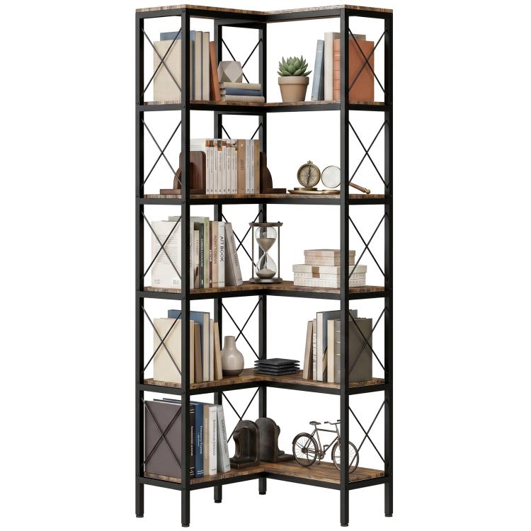 Rustic brown L-shaped bookshelf with black metal frame, 5 tiers and crisscross panels