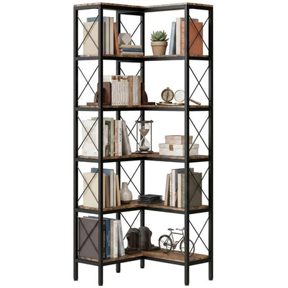 Rustic brown L-shaped bookshelf with black metal frame, 5 tiers and crisscross panels