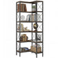 Freestanding 5-tier corner L-shaped bookcase in rustic brown with black metal grid sides