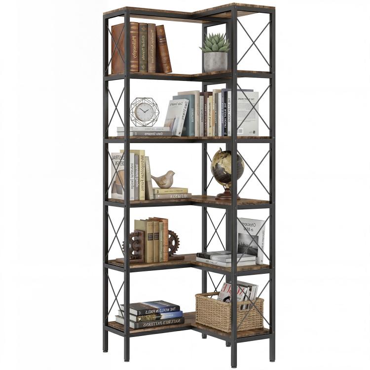 Freestanding 5-tier corner L-shaped bookcase in rustic brown with black metal grid sides