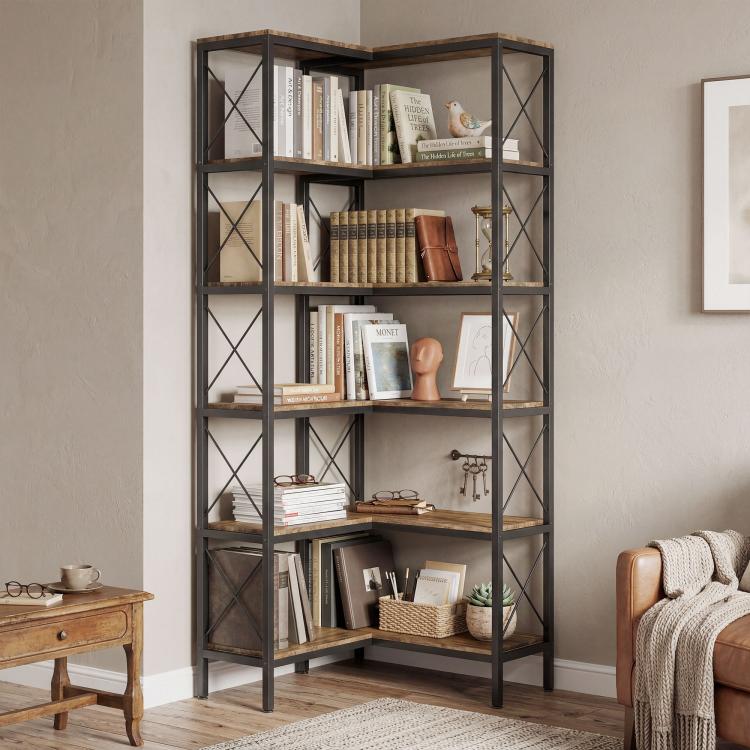 Tall 5-tier L-shaped bookcase with dark metal frame and rustic brown wood shelves