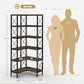 Dimensions view of a rustic brown and black 5-tier L-shaped bookshelf with metal frame
