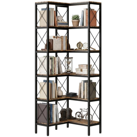 Rustic brown L-shaped bookshelf with black metal frame, 5 tiers and crisscross panels