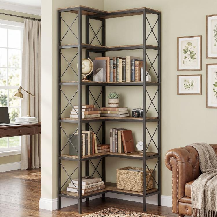 Rustic brown 5-tier L-shaped bookshelf with black metal frame and open shelving for books