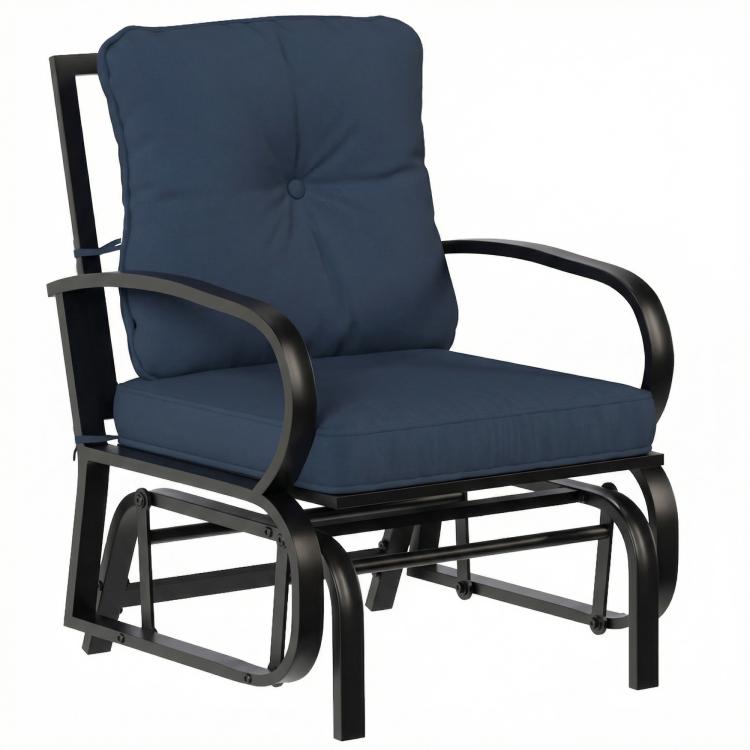 Dark blue cushioned patio glider chair with curved arms and steel frame