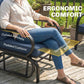 Dark blue padded seat and curved armrest on patio glider chair