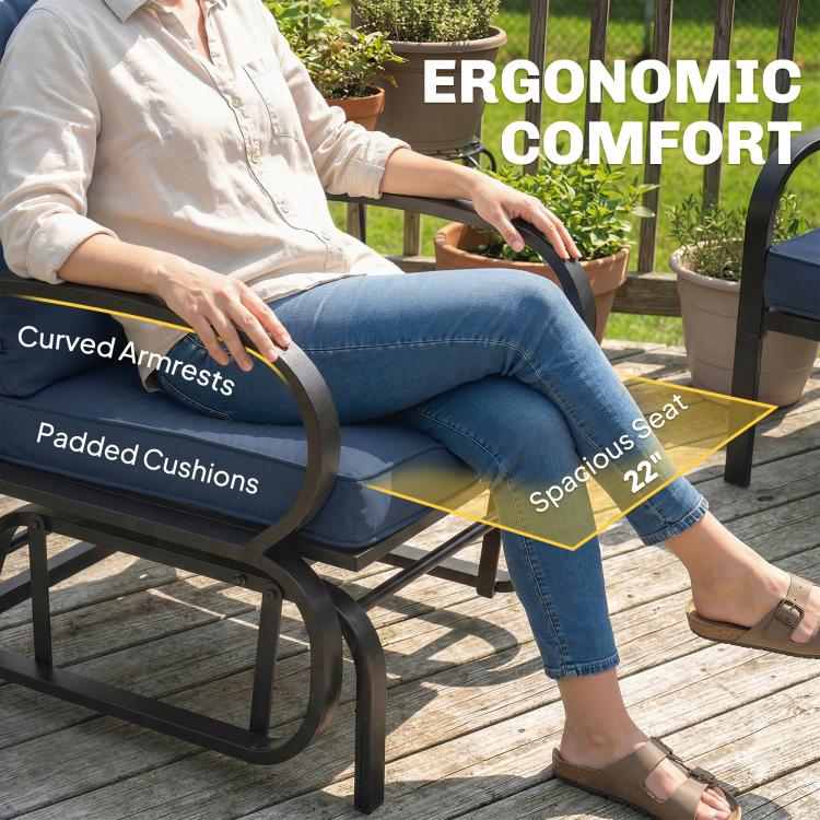 Dark blue padded seat and curved armrest on patio glider chair