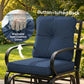 Dark blue tufted-back patio glider chair with padded seat cushion