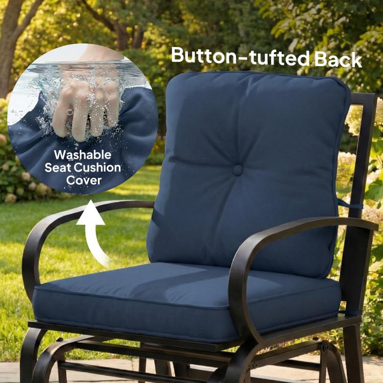 Dark blue tufted-back patio glider chair with padded seat cushion