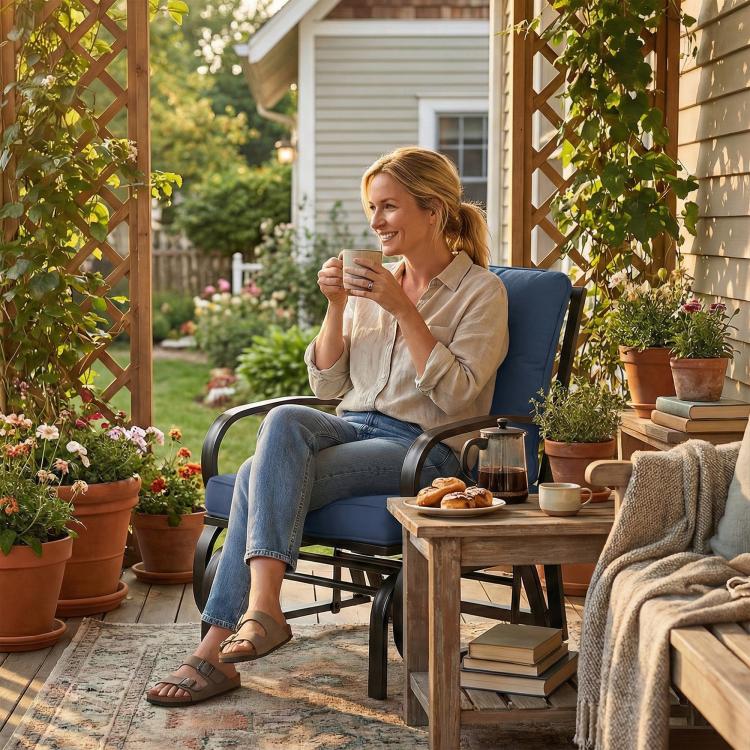 Dark blue cushioned patio glider chair with curved armrests, outdoor use