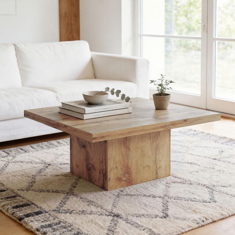 Light brown square center table with thick legs in a living room setting
