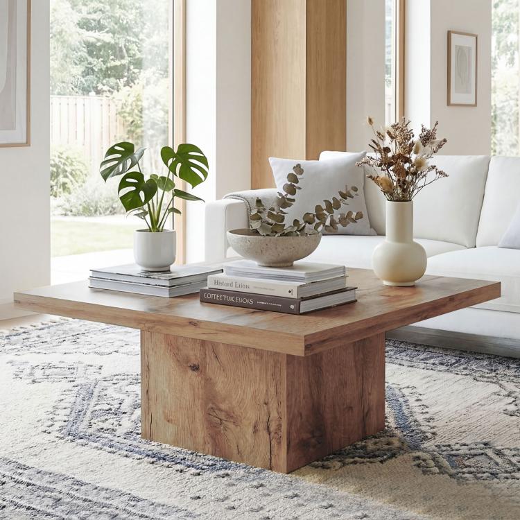 Light brown square coffee table with vase, dried flowers, and books on top