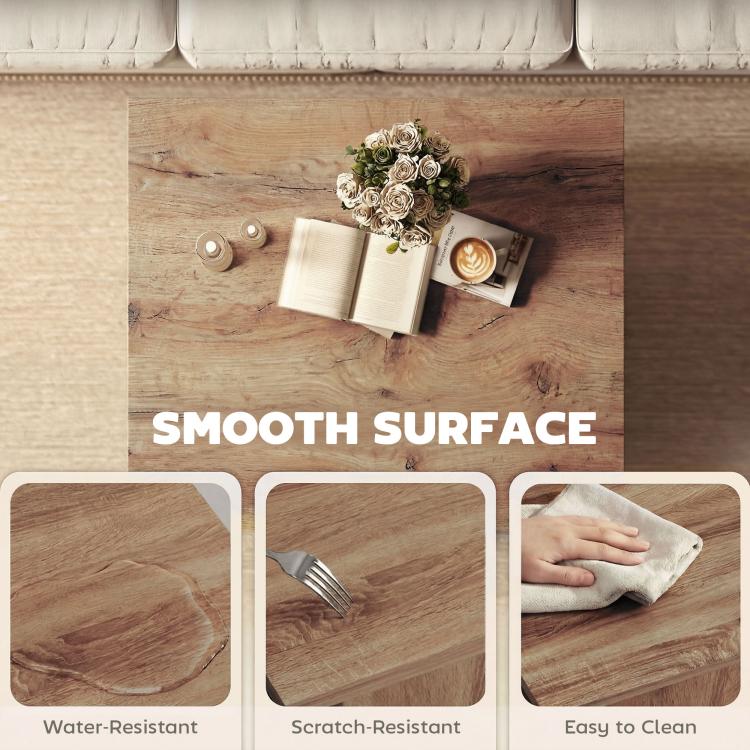 Light brown square coffee table top with smooth finish close-up