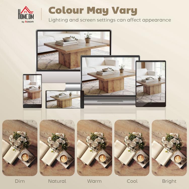 Light brown square coffee table shown in a living room with color appearance samples