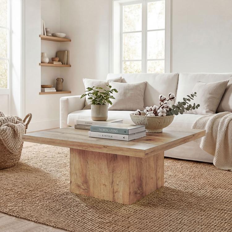Light brown square coffee table with flowers and stacked books on the tabletop
