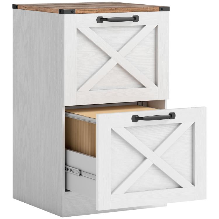 White two-drawer cabinet with X-pattern fronts, black handles, and open storage
