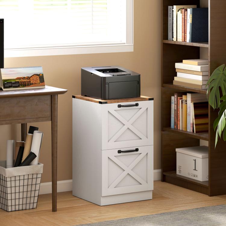 White 2-drawer printer stand with X barn door design and open storage compartment