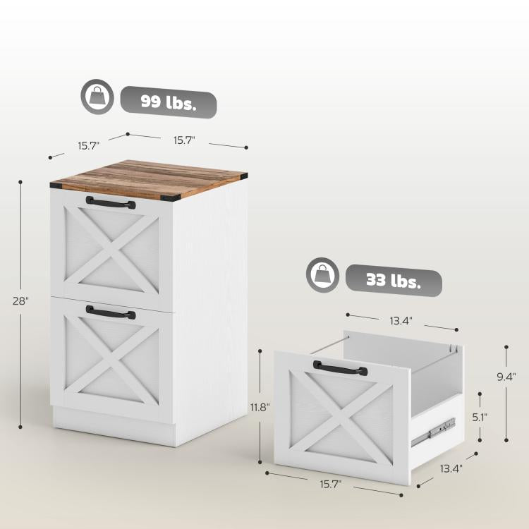 White 2-drawer printer stand with X barn door fronts and black handle pulls, dimensions