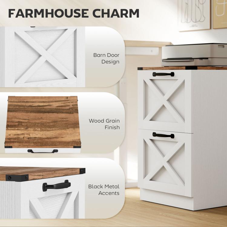 White 2-drawer printer stand showing X barn door design and black metal accents