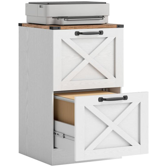 White 2-drawer printer stand with X barn door fronts and black handle pulls