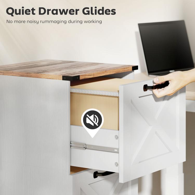 White 2-drawer printer stand with drawer glides and a drawer pulled open