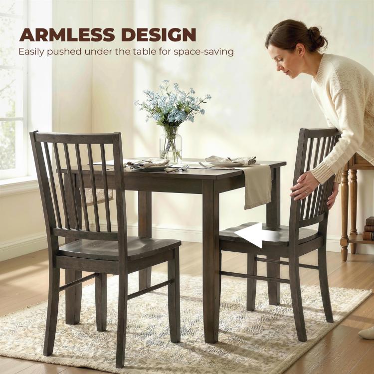 Charcoal gray armless dining chair with vertical slat backrest and solid wood legs