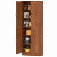 Teak freestanding kitchen pantry cabinet with 4 doors open, shelves showing organized storage