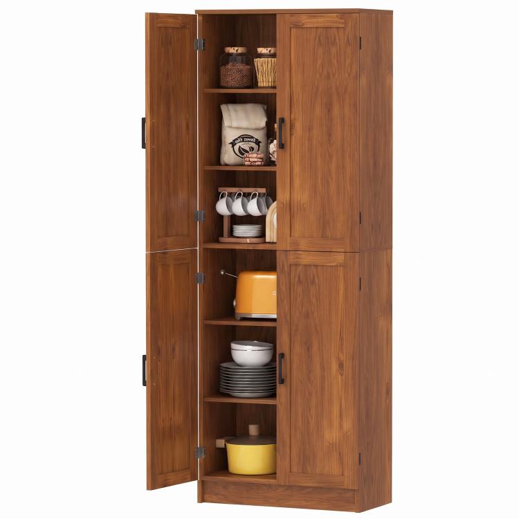 Teak freestanding kitchen pantry cabinet with 4 doors open, shelves showing organized storage