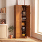 Teak freestanding 4-door kitchen pantry cabinet standing with doors open to reveal shelves