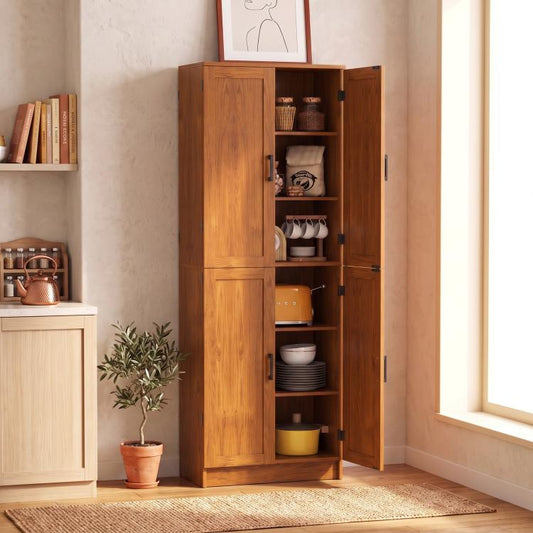 Teak freestanding 4-door kitchen pantry cabinet standing with doors open to reveal shelves